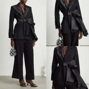 Customized Black Women Pants Suits With Big Bow Ladies Prom Birthday Party Formal Wear Outfit Flared Trousers 2 Pieces