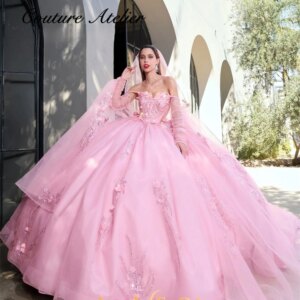 Three Quarter Sleeve Pink Princess Quinceanera Dress Lace Applique Ball Gown With Cape vestidos 15 años quinceañera Customized