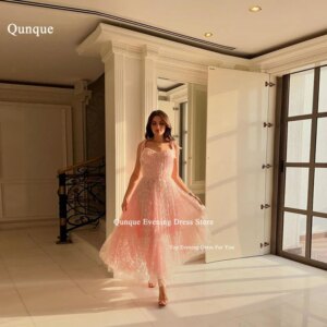 Qunque Sweetheart Evening Dress Customized A-Line Dotted Tulle Vestidos De Noche Mujer Sexy Spaghetti Straps Bow Party Gowns