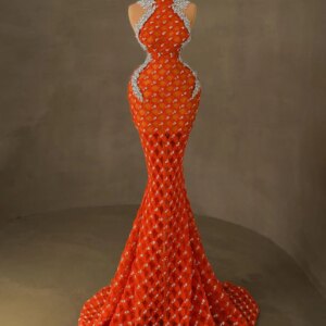 2024 New Fashion Orange Celebrity Dresses Mermaid High Neck Crystals Evening Gowns Vestidos De Gala Formal Occasion Dresses