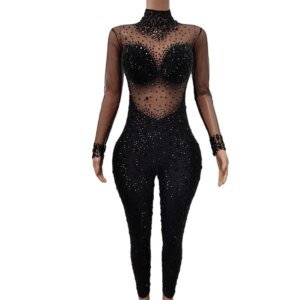 Boutique Clothing Long Sleeves Plus Size Crystal Romper Club Bodysuits Women Sexy Birthday Party Celebration Rhinestone Jumpsuit