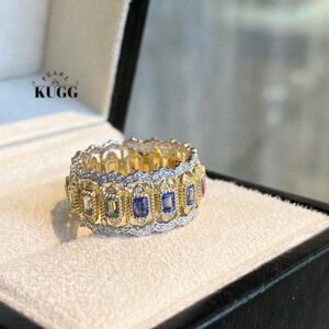 KUGG 100% 18K Yellow Gold Rings Women Luxury Diamond Jewelry Natural Color Sapphire Ring Vintage Palace Style High Party Jewelry