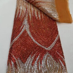 African Luxury Orange Sequin Lace Fabric Latest Beads Embroidery French Tulle Mesh Lace Fabric Material For Wedding Dress W425-1