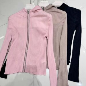 Bead Chain Women’s Zipper Hooded Cardigan Spring 2025 Solid Color Long Sleeve Fashion Female Knitted Sweater