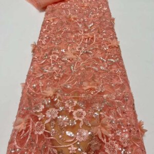 2024 Latest African 3D Flower Lace Fabric Dubai Sequins Tulle Groom Lace Fabric Embroidered Applique Nigerian For Sewing Dress