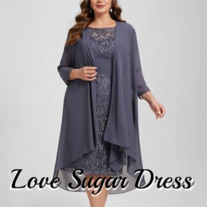 Plus Size Coulmn Mother of the Bride Dresses Luxurious Sequin Lace Wedding Party Gowns 2Piece Knee Length Wedding Guest Dress