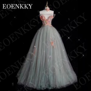EOENKKY Graceful Prom Dresses Floor Length Evening Gown Backless Strapless 3D Flowers Bespoke Occasion Dress A Line Customized