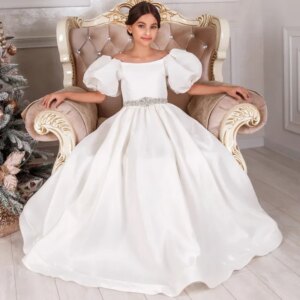 Flower Girl Dresses White Satin Diamond Beltl With Bow Short Sleeves For Wedding Pageant Party Princess Gowns princess dress