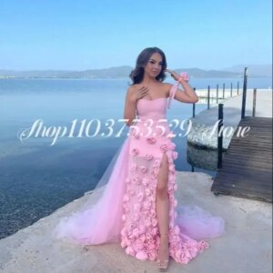 Elegant Pink Sheath Party Prom Dress 3D Floral Appliques Split Long With Side Train Birthday Evening Customized فساتين سهرة