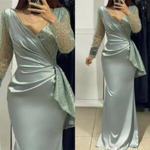 Mermaid Evening Party Dress 2025 Long Sleeve V Neck Sequined Beads Satin Formal Prom Gown Robe De Soiree
