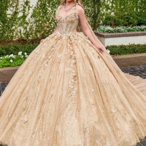 Champagne Shiny Princess Quinceanera Dresses Appliqued Flower Beads Tull With Cape Sweet 16 Dress Sweetheart Ball Gown Vestidos