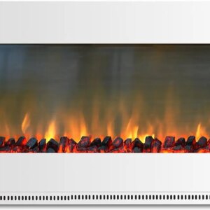 56” Wall Mounted Electric Fireplace with Driftwood Log Display and Realistic Flames, for Home and Office , White