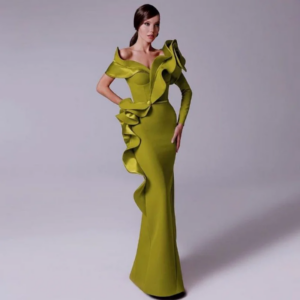 2025 Green Jersey Mermaid Evening Dress One Shoulder Ruched Saudi Arabia Party Gowns with 3D Flowers Long Sleeves Classic