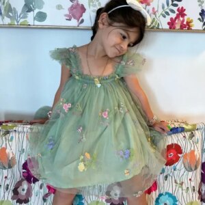 Custom Flower tulle dress Green Dress with Flowers, First birthday dress, Toddler photo Gowns, Ruffle Sleeves Princess Kids Gown