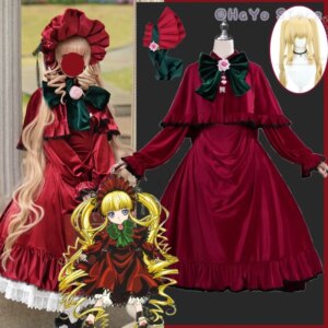 Anime Rozen Cosplay Maiden Shin Ku Costume Red Velvet Dress Lolita Hat Headwear Wigs For Girls Woman Halloween Party