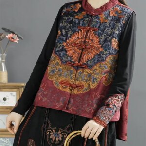 Chinese style vintage button jacquard embroidery new loose standing collar vest
