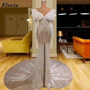 Floria Dubai Designed Mermaid Celebrity Dresses With Slit فساتين السهرة Beading Pearls Evening Dresses Red Carpet Runway Dress