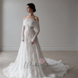 Full Lace Long Sleeves Off the Shoulder Court Train A-line Wedding Dress 2025 Customized Button Floor Length Bridal Dresses