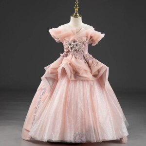 Jill Wish Luxury Coral Girl Dresses Handmade Flower Pearls Beading Princess Prom Gown for Kids Wedding Birthday Party Show J016