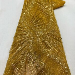 African Lace Fabric 2024 High Quality 5 Yards Nigerian Lace Fabric Yellow Luxury Beaded Fabric Sequence Lace Fabric Dress A188-3