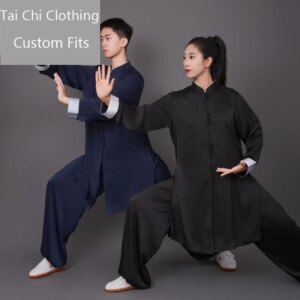 Dark Blue Acetate Satin Tai Ji Suit Women’s Spring New Men’s Chinese Style High-End Eight-Section Brocade Exercise Clothing