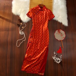 Spring and Summer New Improved High Quality Real Silk Red, Long Chinese Style Cheongsam Qipao Women’s Dress
