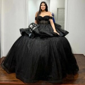 Customized Blackish Shiny Quinceanera Dresses Ball Gown Off Shoulder Beading Pearl Tull Sweet 16 Dress vestidos de 15 Anos