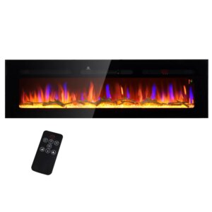 60″ Electric Fireplace Recessed and Wall Mounted with Remote Control, 1500W Fireplace Heater with 8H Timer, Adjustable Flame