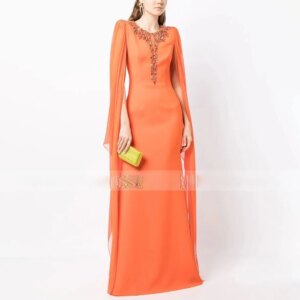 Orange Evening Dress for Women Cloak Sleeves Crystal O Neck Evening Gowns Long 2024 Trumpet/Mermaid Elegant Wedding Guest Dress