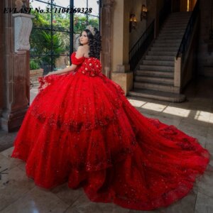 EVLAST Customized Shiny Red Floral Quinceanera Dress Ball Gown Applique Beading Tiered Corset Sweet 16 Vestido De 15 Anos E3Q381