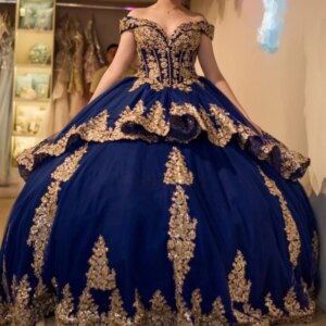 Customized Mexican Blue Women Prom Dresses Dance Queen Off Shoulder Gold Applique Ball Gown Vestido De xv Anos Quinceanera 15