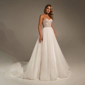 Wedding Dress Spaghetti Straps Sweetheart Collar Pleated Sequins Sparkly for Women Backless A-line Court Wedding Bridal Gown