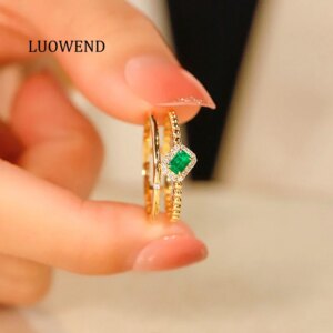 LUOWEND 100% 18K Yellow Gold Rings Shiny Diamond Natural Swat Emerald Ring for Women Fashion INS Style High Wedding Jewelry
