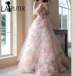3D Floral Lace A line Evening Dresses Off Shoulder Puffy Girls Party Dress Strapless Neck Hand-made Flowers Formal Dress forGirl