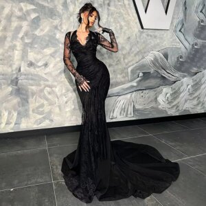 OEING 2025 Sexy Black Lace Mermaid Evening Dress Elegant Illusion Sleeves Women Prom Gown Fashion V Neck Party Dress Customized