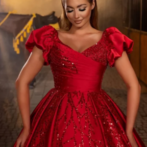 Crimson Elegance Sequined Ball Gown with Romantic