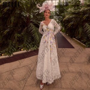 JEHETH A-line Lace Prom Dresses V Neck Long Sleeves Embroidery Special Occasion Gowns Ankle-length Evening Dress Customized