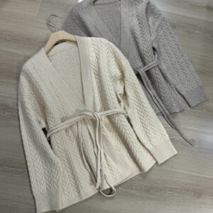 Luxurious heavy cashmere belted solid color knitted cardigan