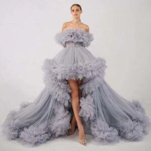 Gorgeous Gray Evening Dresses Strapless Sleeveless Floor Length Asymmetrical Flowers Sweet Fairy Women Banquet Prom Gowns