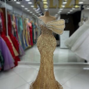 Delicate Pearls Crystal Champagne Celebrity Party Dress Couture Beads Tassel Mermaid Wedding Event Gown Long Evening Prom Dress