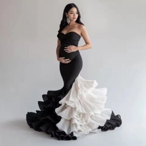 2025 Vestidos para embarazadas Tiered Ruffle Pregnancy Photography Dress Dramatic Black Mermaid Maternity Dresses for Photoshoot