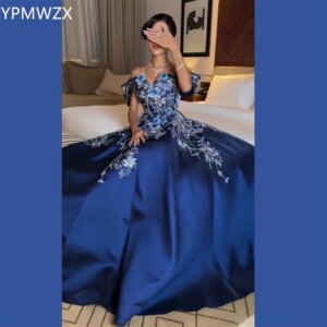 Customized Evening Dress Party Occasion Prom Gown Formal YPMWZX Off-the-shoulder A-line Floor Length Skirts Draped 3D Flo