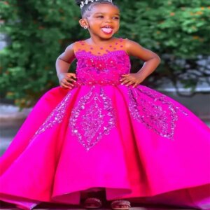 Fuchsia Girl Pageant Dress Flower Girls Dresses for Wedding Beading Kids Lace Party Birthday Gowns for Photoshoot