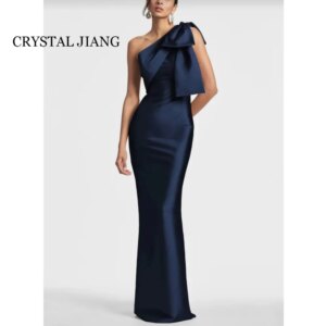 Customized Long Blue One Shoulder Satin Evening Dresses Sleeveless with Bow Mermaid Floor Length Long Evening Gowns for Party