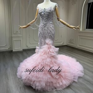 2025 new dress design pink waist slimming fishtail binding style small train crystal diamond chain one shoulder fishtail dress