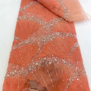 Orange African Heavy Beaded Lace Fabric Nigerian Sequin Groom Lace Fabric Wedding Party Dress Sewing High Quality 5 Yards A998-1