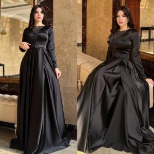 Customized Saudi Arabia Evening Satin Draped Sash Sequined Cocktail Party A-line O-Neck Bespoke Occasion Gown Long Dresses
