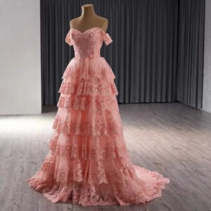 Robe De Soirée Femme Pink Evening Dresses Sweetheart Off Shoulder Lace Up Back Sequined Embroidery Tiered Woman Prom Dress 2025