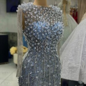 Glitter Long Chains Crystals Party Dress O Neck Mermaid Luxury Celebrity Gowns For Dinner Customize Dubai Evening Prom Dresses