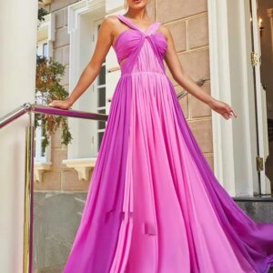 Customized Chiffon A-line Evening Dress V-neck Hollow Pleat Contrast Splicing Elegant Women Zipper Floor Length Formal Occasion